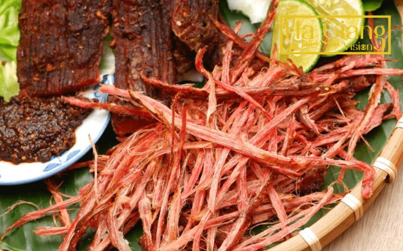 Hà Giang food stands out with smoky, savory buffalo meat from mountain fires.